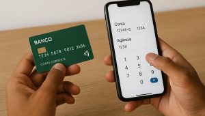 Mãos seguram um cartão bancário verde e um smartphone exibindo campos de agência e conta enquanto o usuário digita informações, ilustrando de forma prática o que é dígito da conta em operações financeiras e como esses dados são inseridos em aplicativos de banco.
