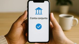 Duas pessoas segurando um smartphone que exibe um ícone azul de instituição financeira acompanhado do texto conta conjunta no centro da tela, com um ambiente interno desfocado ao fundo e uma xícara sobre a mesa enfatizando o contexto de uso cotidiano da conta conjunta digital.