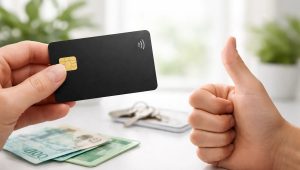 Mão segurando cartão bancário preto com símbolo de pagamento por aproximação e outra mão fazendo sinal positivo, representando cartão de crédito fácil de aprovar com score baixo e acesso simplificado ao crédito, com cédulas de dinheiro sobre a mesa ao fundo