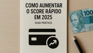 Capa de guia prático com o título “Como aumentar o score rápido em 2025” em letras maiúsculas, sobre fundo bege, acompanhada de um ícone preto de cartão de crédito e seta ascendente, com uma nota de cem reais e uma caneta ao lado.