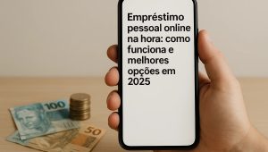 Mão segurando um smartphone com o texto “Empréstimo pessoal online na hora: como funciona e melhores opções em 2025”; ao fundo, notas de real e moedas empilhadas sobre uma mesa de madeira.