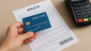 Mão segurando um cartão de crédito azul sobre um boleto impresso ao lado de uma maquininha de pagamento, ilustrando o processo de pagar boleto com cartão de crédito.