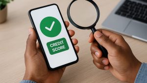 2 Pessoa segurando um smartphone com o texto “Credit Score” e um ícone verde de marca de verificação na tela, enquanto segura uma lupa na outra mão. Um laptop e uma planta decoram o fundo sobre uma mesa de madeira.