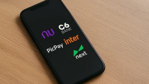 2 Smartphone apoiado sobre mesa de madeira clara mostrando na tela escura os logotipos coloridos dos bancos digitais Nubank, C6 Bank, Inter, PicPay e Next, organizados de forma centralizada.