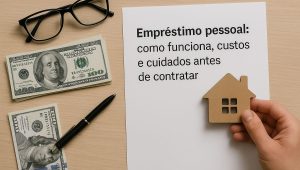 Folha impressa com o título "Empréstimo pessoal: como funciona, custos e cuidados antes de contratar", acompanhada de óculos, notas de dólar, uma caneta preta e uma mão segurando um ícone de casa em madeira.