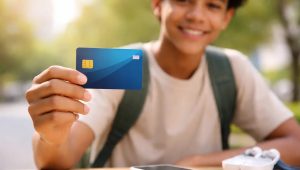 Adolescente sorrindo segura um cartão bancário azul com chip em ambiente externo, ilustrando o uso de cartão de crédito para menor de 18 sob supervisão dos pais