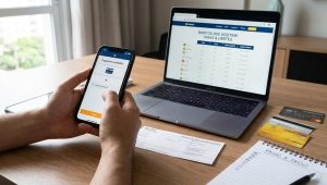 Pessoa pagando boleto pelo celular com cartão de crédito, exemplo de bancos que aceitam pagamento de boleto com cartão de crédito, mostrando comparação de taxas, limites e prazos de compensação.