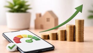 Aplicativo de score de crédito exibido na tela de um smartphone com indicador positivo, pilhas de moedas organizadas em crescimento e seta verde apontando para cima, representando melhora financeira e aumento de crédito relacionado ao Acordo Certo score