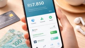Mão segurando um smartphone com aplicativo financeiro aberto sobre uma mesa de madeira, ao lado de cédulas de real, cartão bancário, fones de ouvido, uma xícara de café e uma planta decorativa, representando o uso cotidiano de Bancos Digitais no Brasil e sua integração à vida financeira moderna.