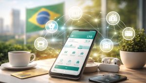 Imagem realista e minimalista representando open finance no Brasil, com smartphone exibindo interface bancária digital sobre uma mesa moderna, conectado visualmente a diferentes serviços financeiros por meio de ícones sutis.