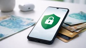 Smartphone sobre uma superfície clara exibindo um ícone de escudo com cadeado na tela, simbolizando proteção de dados em bancos digitais, com cédulas de real e cartões bancários ao redor, representando segurança financeira e privacidade no uso de bancos digitais no Brasil.
