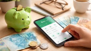Mão de uma pessoa utilizando um aplicativo financeiro no celular sobre uma mesa de madeira, ao lado de um cofrinho verde, cédulas e moedas de real, caderno, óculos e uma xícara de café, representando organização financeira e o uso consciente de bancos digitais no cotidiano brasileiro.