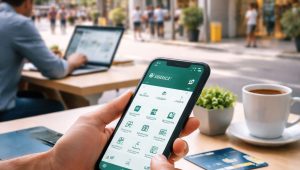 Pessoa utilizando aplicativo bancário no smartphone sobre uma mesa de café em área urbana brasileira, com cartão, moedas e notebook ao fundo, representando o uso cotidiano de bancos digitais em um cenário moderno e competitivo do sistema financeiro.