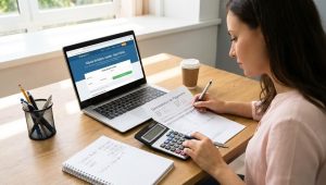 Mulher realiza calculo salario liquido usando calculadora e planilha no computador