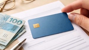 Cartão de crédito consignado azul sobre envelope branco, ao lado de cédulas de dinheiro e caneta, representando uma operação financeira com cartão de crédito consignado