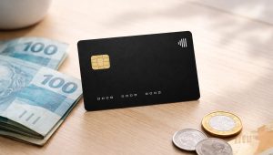 Cartão de crédito preto sobre mesa de madeira ao lado de notas e moedas de real, representando cartão de crédito com limite de 5 mil para negativado em contexto de organização financeira e controle de gastos