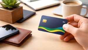Mão segurando cartão de crédito para MEI sobre mesa de trabalho com carteira de couro, smartphone, caderno, caneca de café e planta decorativa ao fundo em ambiente de escritório