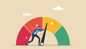 Ilustração de homem tentando aumentar score de crédito movendo ponteiro de medidor financeiro
