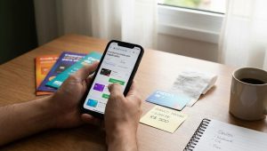 Pessoa usando celular para comparar opções de cartão de crédito com limite de 500 reais para negativado, com cartões sobre a mesa, anotações de limite, recibo e xícara de café em ambiente doméstico.