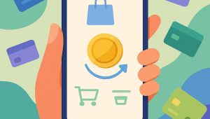 Ilustração sobre cashback online, destacando economia em compras sustentáveis.