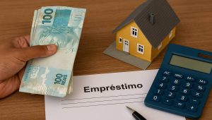Homem com calculadora, papéis e notas de reais em uma mesa, simbolizando decisão entre os tipos de empréstimo disponíveis.
