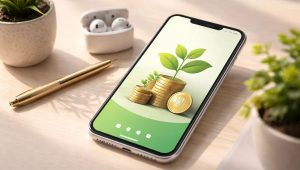Imagem de smartphone sobre mesa de madeira clara exibindo na tela pilhas de moedas douradas com plantas verdes brotando, simbolizando crescimento financeiro e investimento sustentável, conceito associado ao melhor banco digital para investir