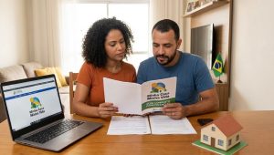 Casal consulta guia do programa minha casa minha vida para financiamento imobiliário em casa.