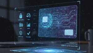 Interface digital futurista exibindo dados financeiros e ícone de chip, representando o uso de cartão de crédito pré-pago virtual para pagamentos online com mais segurança, controle de gastos e tecnologia digital.